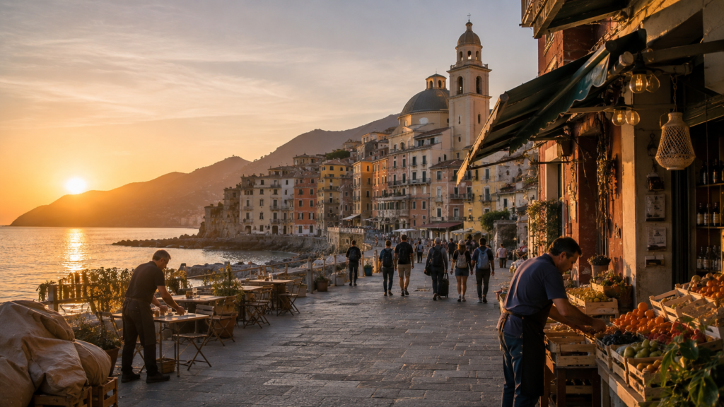 Sunrise over a historic European destination where local residents prepare for another day of growing international tourism.