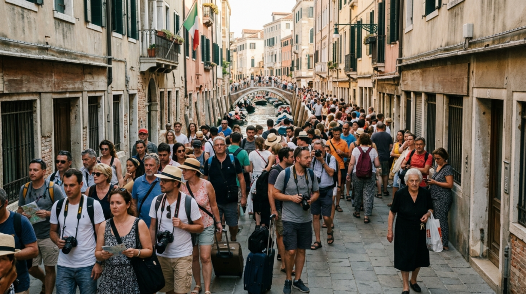 Tourists crowd a popular European destination during summer, highlighting the impact of overtourism in 2026.