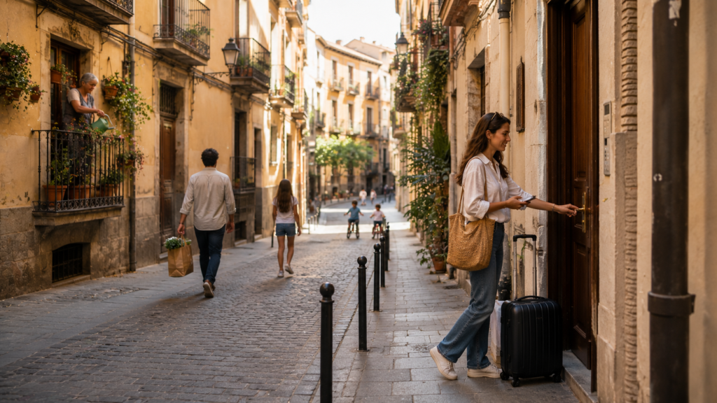 Traveler arriving at an Airbnb apartment in a historic European neighborhood shared with local residents.