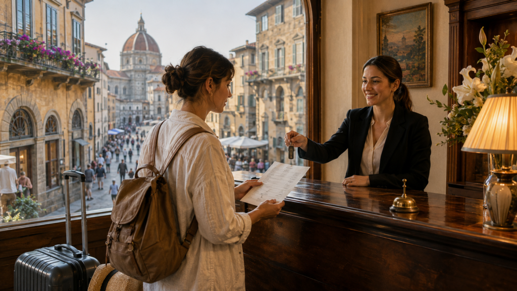 Traveler checking into a European hotel and noticing a tourist tax on the accommodation bill.