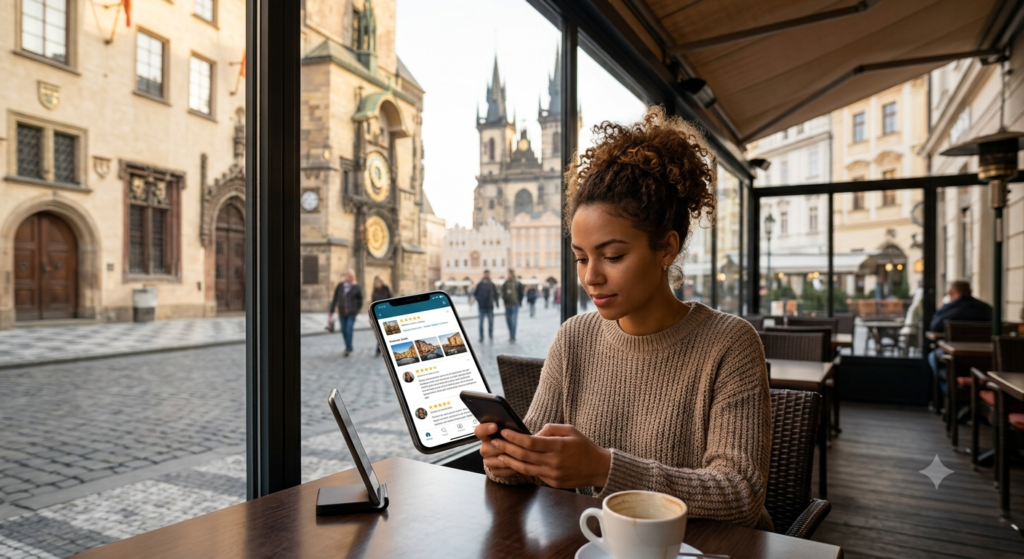 Traveler reading online travel reviews before visiting a European destination, illustrating how digital feedback shapes tourism decisions.