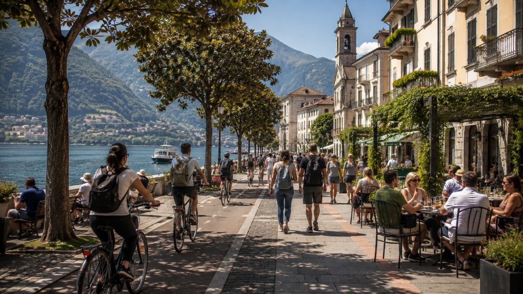 Visitors and local residents enjoying a well-managed European destination that reflects sustainable tourism principles.
